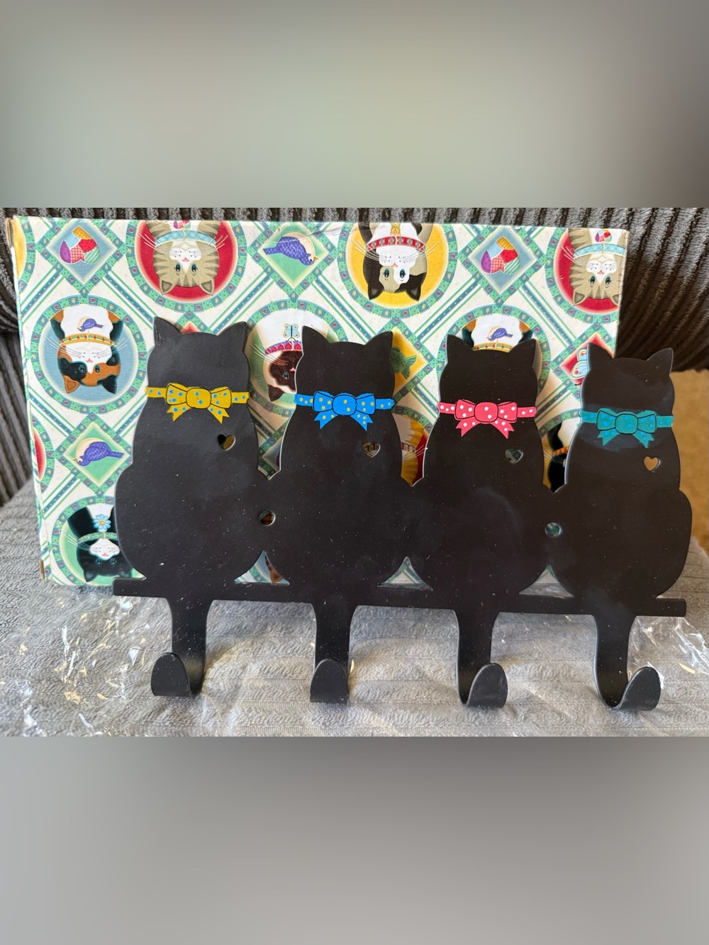 Black Cats Metal Key Holder 4 Hook Decorative Kitten Home Organization Towel